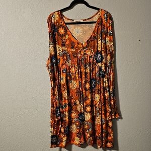 Bohemian Floral V-Neck Tunic in Orange and Blue